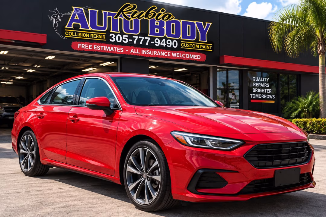 Red vehicle after collision repair at Rubio Auto Body