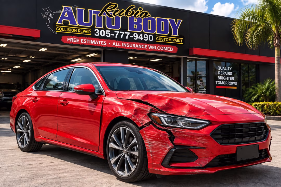 Red vehicle before collision repair at Rubio Auto Body